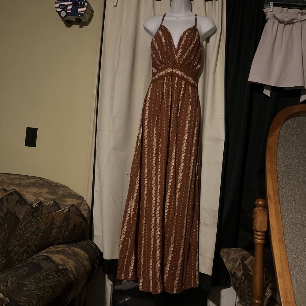 ANGIE Floral Maxi Dress Boho Strappy Brown Women Size Small